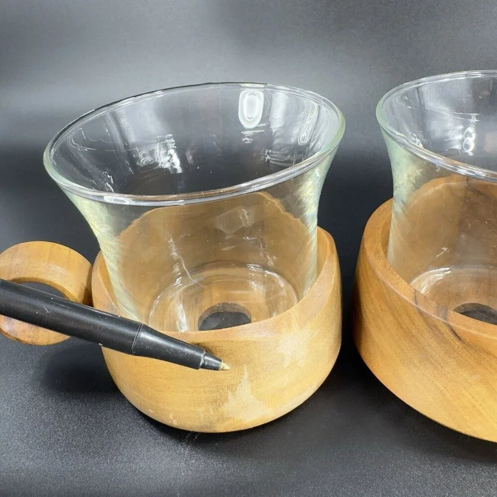Vintage Jena Glass Mug with Wooden Holder Insert Set 3 Round Handle Wood Insert‎
